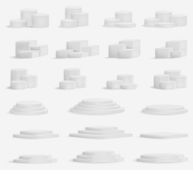 Vetor d plataformas de pódio quadradas e redondas brancas para showroom de produtos geométricas d redondas e quadradas vazias
