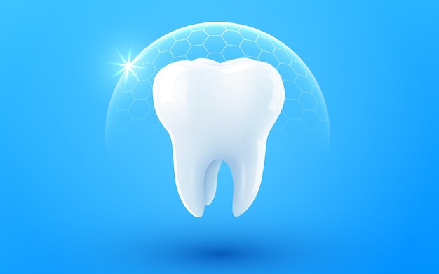 D proteção de cuidados dentários realistas, vetoriais, saudáveis e brilhantes em torno de dentes brancos e