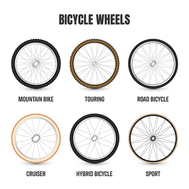 Vetor d rodas de bicicleta realistas pneus de borracha de bicicleta raios e jantes de metal brilhantes bicicleta de fitness turismo desporto