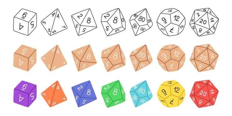 D8 D10 D12 D20 Dados para jogos de tabuleiro. Conjunto de dados de RPG para jogo de mesa. ilustração vetorial