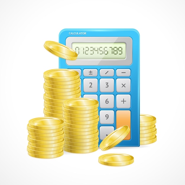 Da calculadora azul e pilhas de moedas de ouro. o conceito de gestão eficaz do orçamento financeiro