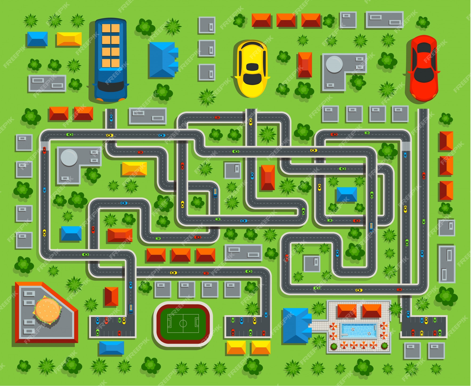 Mapa da cidade de crianças com estradas e carros para decoração de berçário  infantil. aldeia ou labirinto de rua da cidade para o tapete. fundo do  vetor do jogo de tabuleiro dos