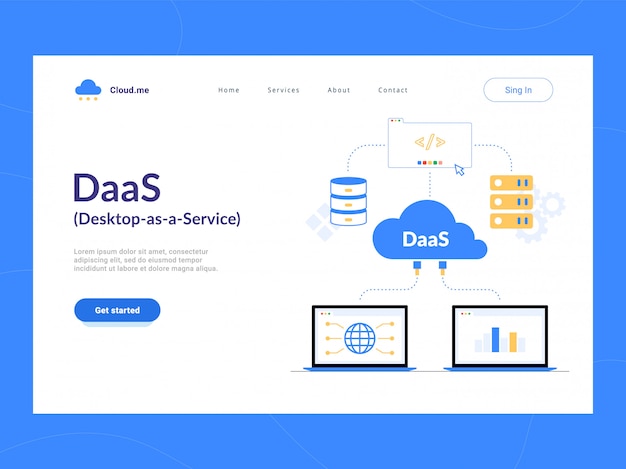 DaaS: primeira tela da página de destino do Desktop como serviço. Esquema de computação em nuvem do Virtual Desktop ou Desktop Virtualization. Otimização de processos de negócios para startups, pequenas empresas e empreendimentos.