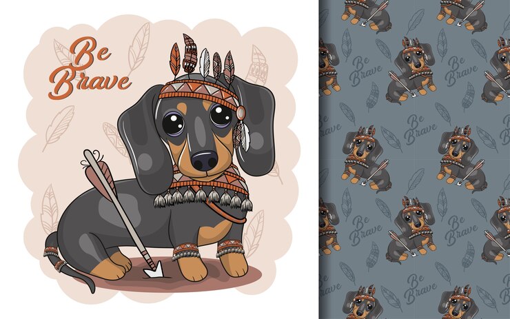 Vetor dachshund bonito dos desenhos animados com fantasia de apache e conjunto de padrões