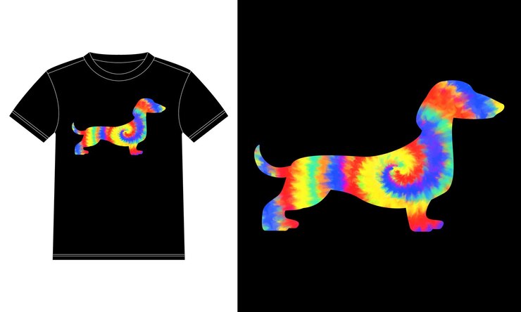 Vetor dachshund dog tie dye t-shirt design template, car window sticker, pod, cover, isolated black backgr