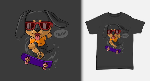 Vetor dachshund legal jogando skate com design de camiseta