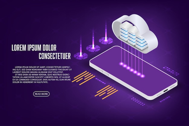 Dados de transferência de segurança de login de usuário móvel isométrico vetorial com cloudud