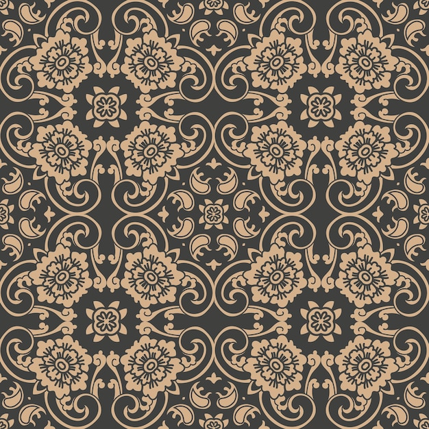 Vetor damasco sem costura padrão retro fundo espiral curva cruzada oriental frame corrente folha videira flor.