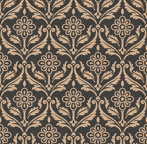 Damasco sem costura padrão retro fundo espiral curva cruzada quadro jardim botânico natureza folha flor.