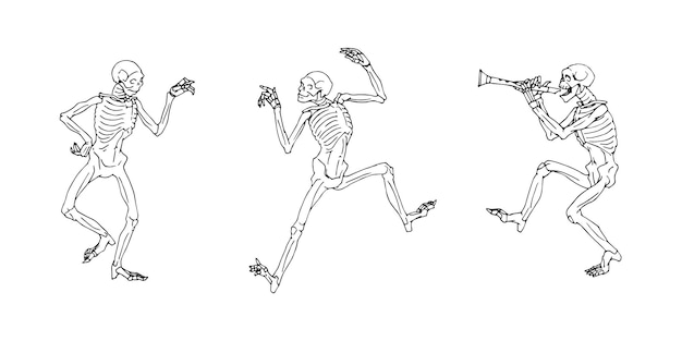 Dança dos mortos. esqueletos engraçados. em tinta preta.
