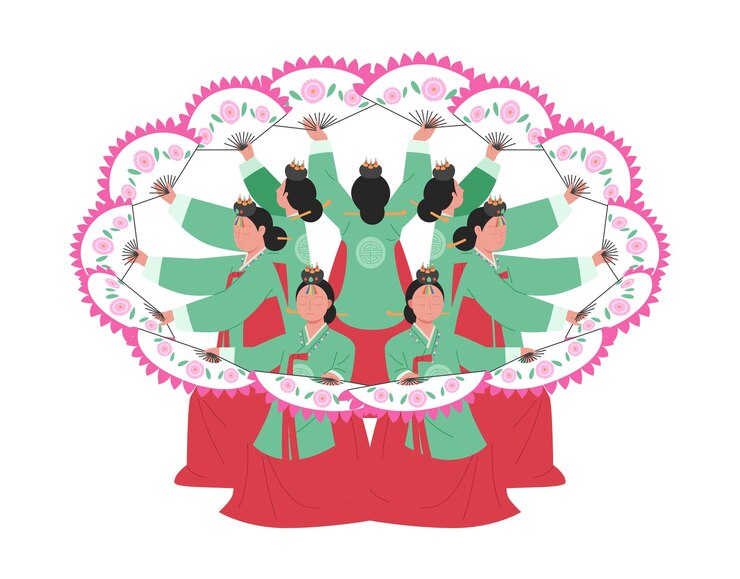 Vetor dança tradicional coreana mulheres vestindo hanbok estão dançando enquanto fazem círculos com fãs