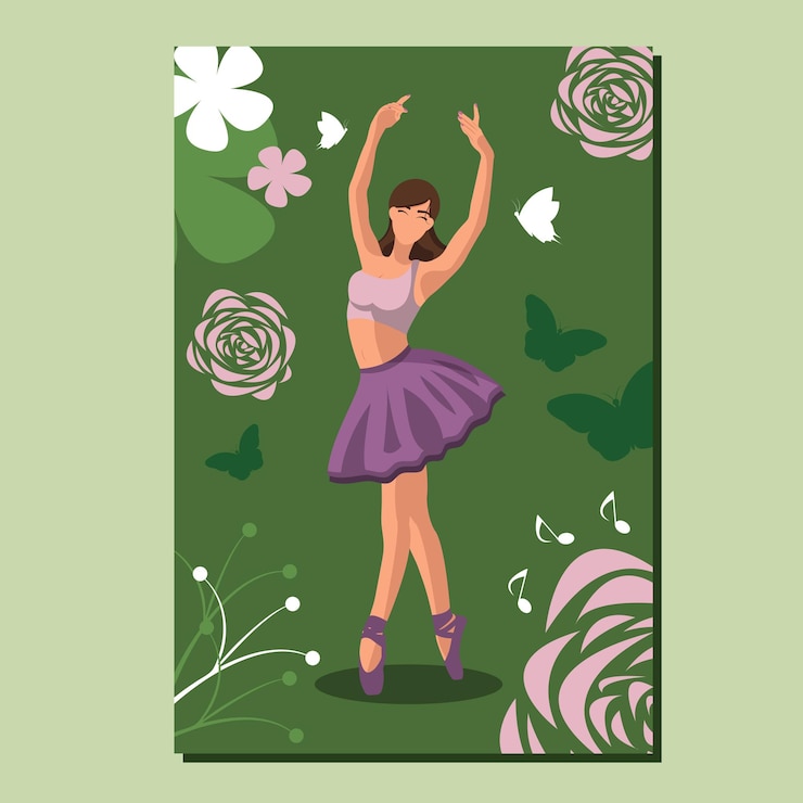 Vetor dançarina de balé sem rosto branco caucasiano em um tutu roxo e sapatilhas de ponta dançando em um cartaz verde com flores e borboletas ilustração vetorial em estilo simples