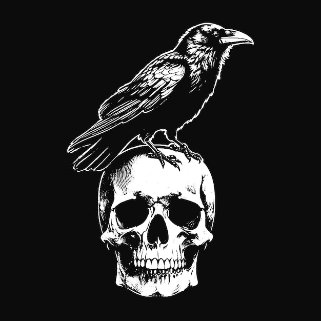 Vetor dark art crows raven bird com skull and bones grunge vintage ilustração de estilo old school para a merch