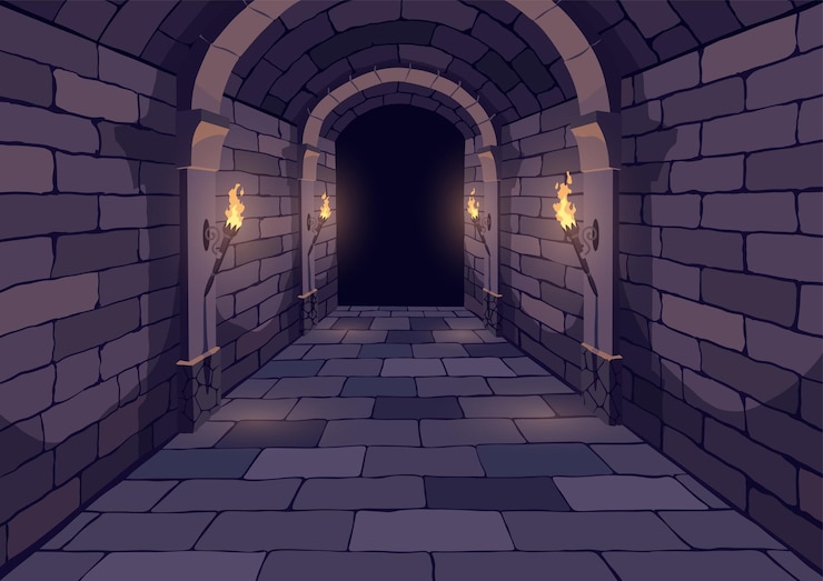 Vetor dark dungeon longo corredor do castelo medieval com tochas interior do antigo palácio com arco de pedra ilustração vetorial