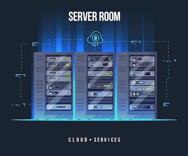 Data center e sala do servidor. ilustração de plano de serviço de armazenamento e troca de dados. equipamento de serviço em nuvem com elementos de hud.