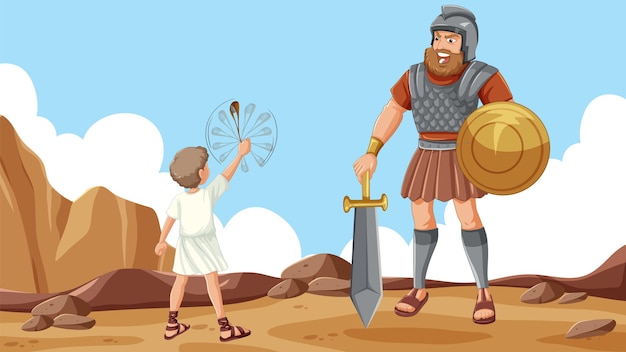 Vetor david segurando a funda lutando contra golias, uma batalha bíblica