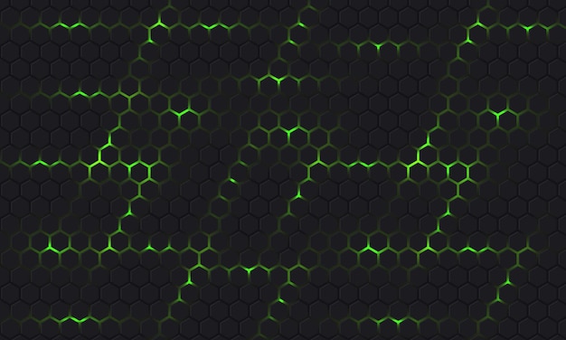 Vetor de fundo vector hexagonal de tecnologia cinza e verde escuro com flashes de energia brilhante verde sob a grade de textura de favo de mel.