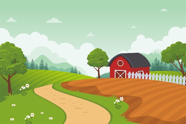 De fundo vector paisagem rural de fazenda. celeiro vermelho com bela paisagem natural