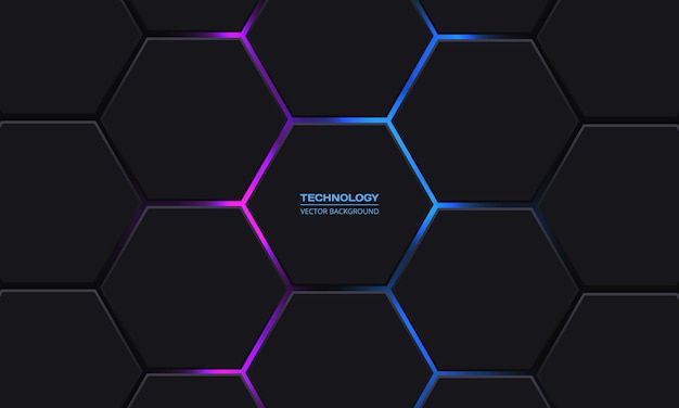 De fundo vector tecnologia hexagonal cinza escuro com gradiente de néon colorido. energia brilhante azul pisca sob o hexágono em fundo futurista de tecnologia moderna. ilustração em vetor tecnologia favo de mel.