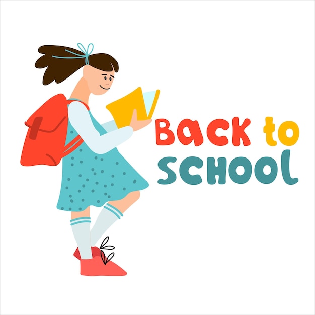 De volta à escola banner Schoolgirl com ilustração vetorial de livro e bolsa universitária em design de estilo plano e letras manuais