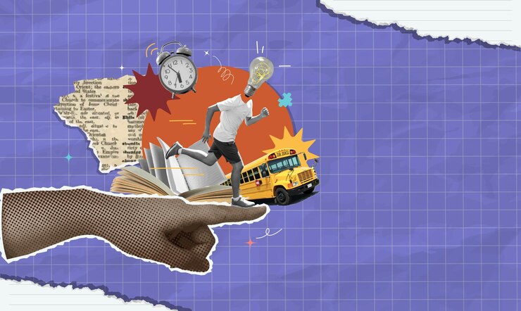 Vetor de volta à escola colagem com elementos de aprendizagem e divertida ilustração vetorial