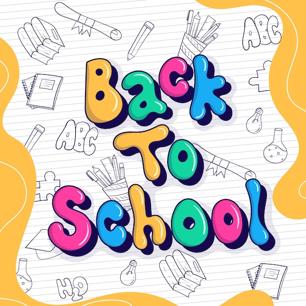 De volta à escola colorido de volta à escola design de tipografia com arte de linha de papelaria em caderno