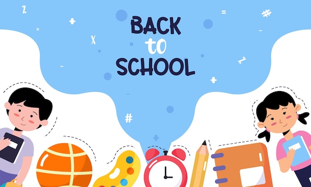 De volta à escola com alunos e banner vetorial de artigos de papelaria