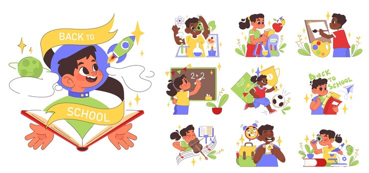 Vetor de volta à escola conjunto crianças fazendo pesquisa de assunto escolar meninas e meninos felizes fazendo arte e praticando esporte multidisciplinar estudando conhecimento acadêmico ganhando ilustração vetorial plana