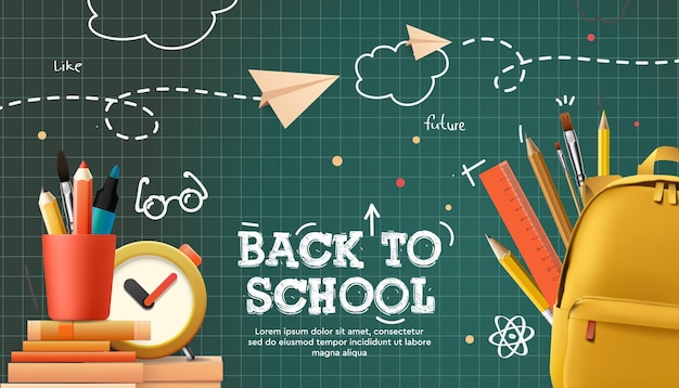 De volta à escola design vetorial bem-vindo de volta à escola texto de saudação com alarme de mochila