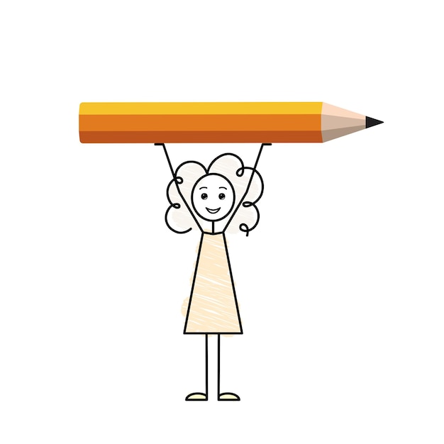 Vetor de volta à escola, esboço simples, desenho clipart, estudante feliz, segurando um grande lápis laranja sobre a cabeça, ilustração vetorial de doodle colorido, personalidade artística