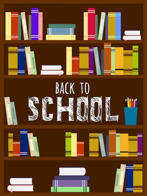 De volta à escola. Ilustração vetorial de educação com estante de livros e letras
