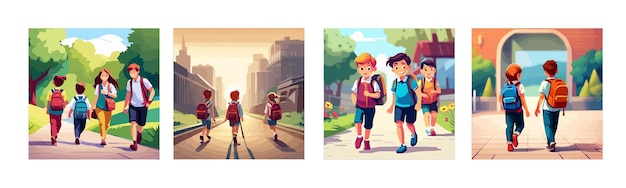 Vetor de volta à escola, ilustração vetorial, garotinha, ir para o prédio da escola, vista traseira, paisagem verde