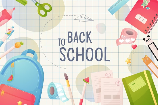 De volta à escola Modelo de cartaz bandeira mochila de desenho animado e moldura de materiais escolares
