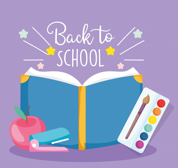 Vetor de volta à escola paleta de livros abertos cor pincel grampeador apple ilustração
