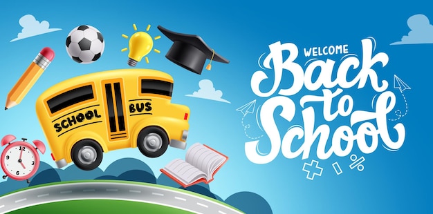 De volta à escola saudação clipart bandeira ônibus escolar e elementos educacionais para a educação