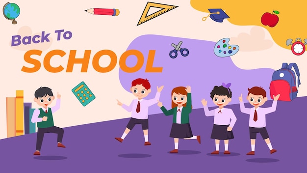 de volta à escola temporada vetor plano ilustração de personagens bonitos com acessórios escolares