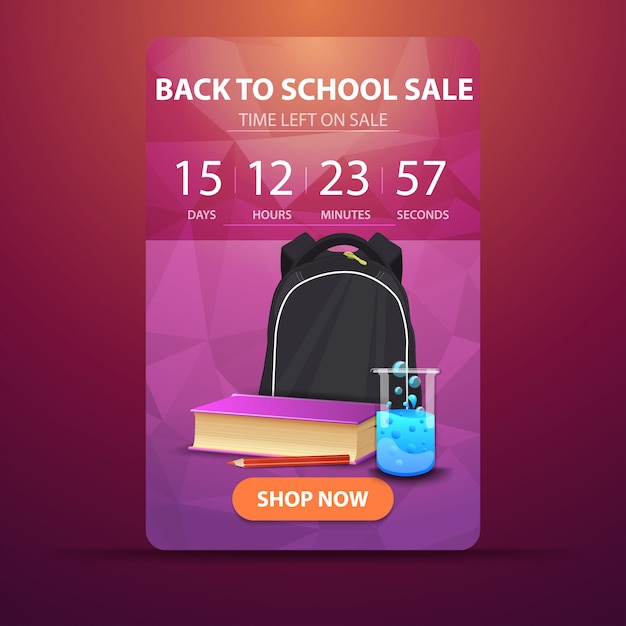 De volta à escola, web banner com contagem regressiva para o final da venda com mochila escolar