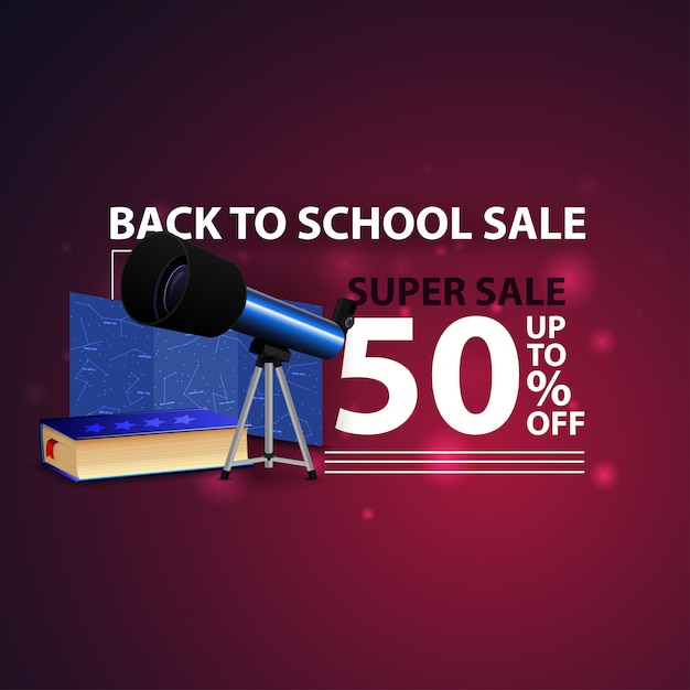 De volta à venda da escola, moderna web banner 3D criativo com telescópio