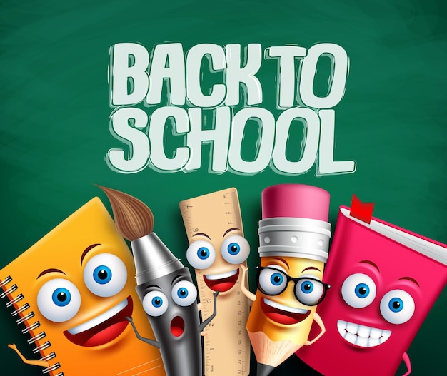 De volta ao banner vetorial da escola com personagens da escola em fundo verde Itens escolares mascote dos desenhos animados