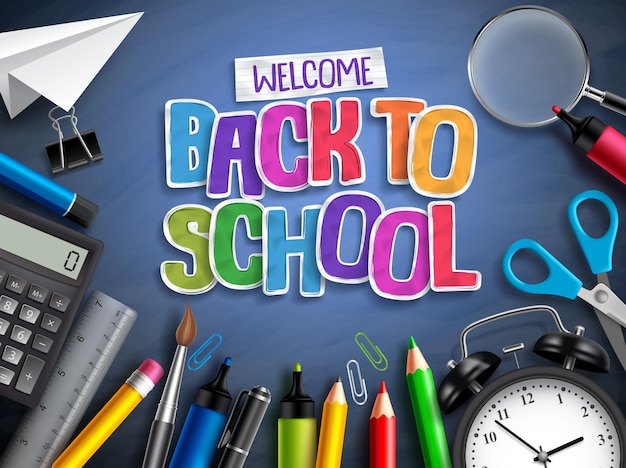 De volta ao conceito de banner vetorial da escola com itens de educação de elementos escolares e corte de papel colorido