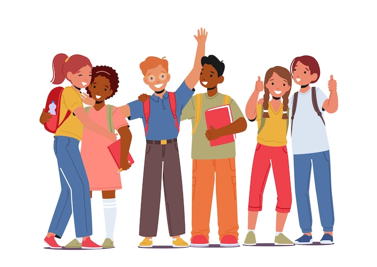 Vetor de volta ao conceito de escola com alunos meninos e meninas com mochilas e livros didáticos ficam na fila alunos felizes das crianças