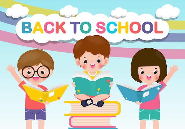 de volta às aulas com crianças em idade escolar lendo o conceito de educação do livro.