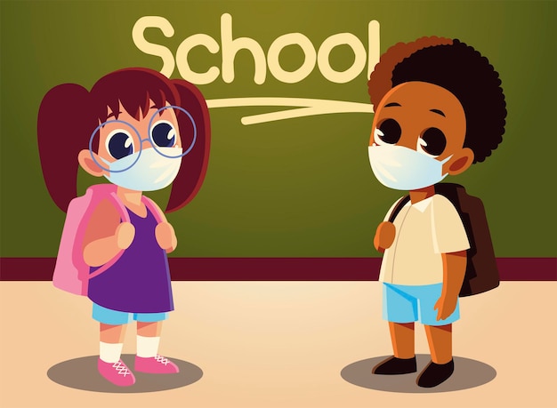 Vetor de volta às aulas de menina e menino afro com máscaras médicas, distanciamento social e tema de educação