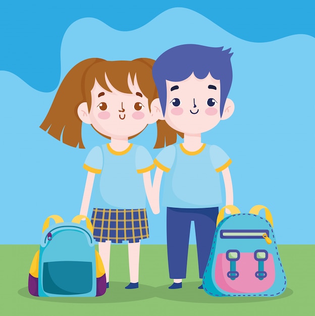 De volta às aulas, estudante menino e menina mochilas ilustração de desenho animado do ensino fundamental