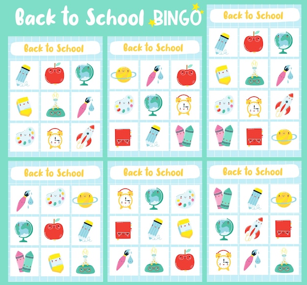 De volta às aulas, mini-jogo de bingo para crianças com atividades fofas de personagens escolares kawaii para crianças pré-escolares