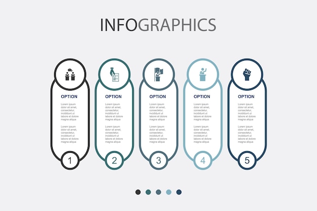 Debate referendo inauguração presidente ícones da oposição modelo de design de infográfico conceito criativo com 5 etapas