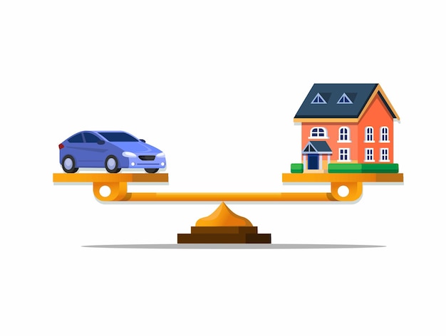 Decisão de comparação de escala entre comprar um carro ou uma ilustração de desenho animado de uma casa