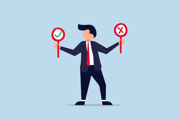Decisão de negócios certo ou errado empresário pensativo segurando certo ou errado da mão esquerda e direita ao tomar a decisão