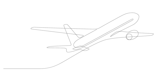 Decolagem do avião minimalista contínua uma linha desenhando linha fina