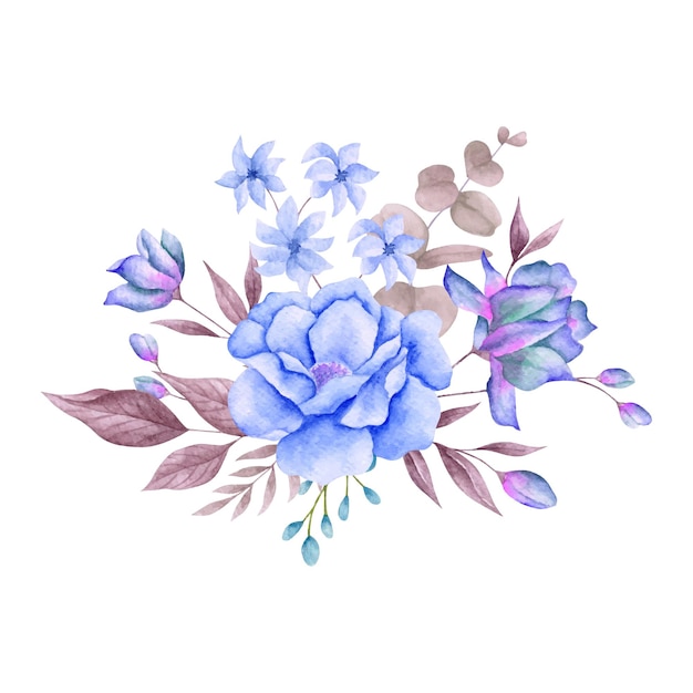 Decoração de buquê de flores em aquarela azul